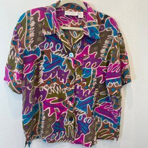 Restless Clothiers 100% Silk Hawaiian Style Top Short Sleeves Button Colorful Sm
